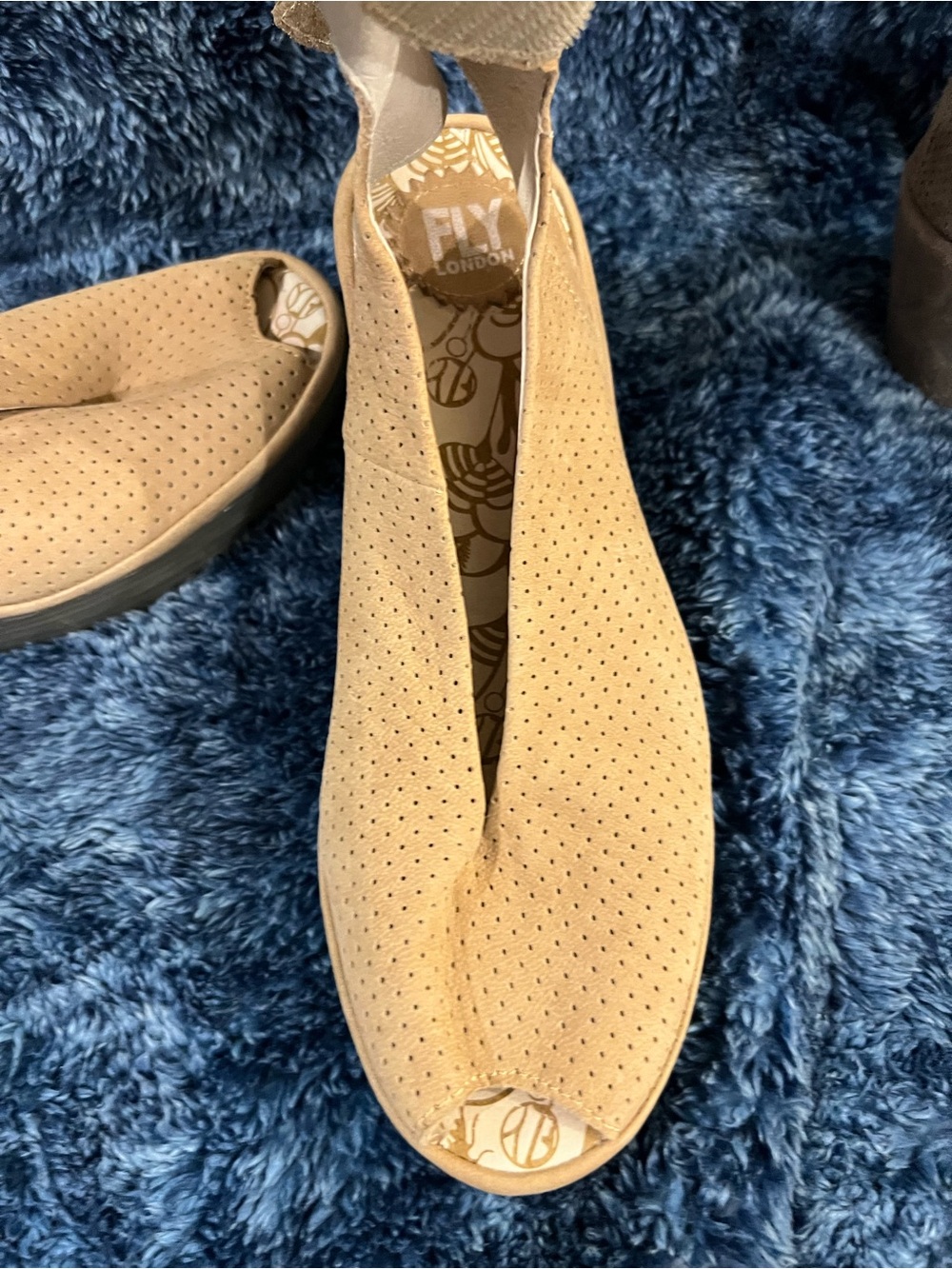 Fly London Beige Perforated Peep-Toe Wedge Sandals